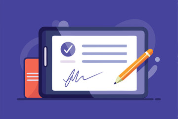 Aufkleber - Electronic signature tablet displaying a completed digital document with signature and checkmark on a purple background