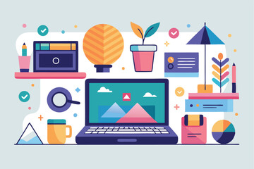 Poster - Creative workspace featuring a laptop among colorful stationery, plants, and decorative elements in a flat vector design