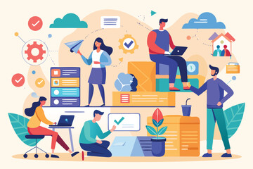 Poster - Business teamwork concept vector illustration showing diverse professionals collaborating in a creative workspace with modern technology tools and elements in a light background
