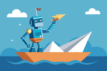 Poster - Robot leading origami ship on water during creative technology demonstration in bright blue sky