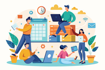 Fototapete - Flexible work environment showcases diverse characters collaborating with technology in a dynamic hybrid workspace, emphasizing productivity and teamwork