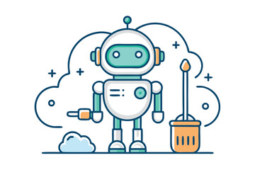 Poster - Simple line icon of a friendly robot with a rounded helmet engaged in cleaning activities while surrounded by a cloud-like background illustrates the future of automation
