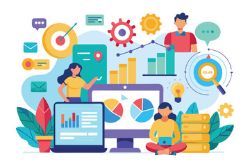 Poster - Marketing and data analytics illustrations showcasing professionals engaged in analysis with charts, graphs, and technology in a vibrant, modern workspace
