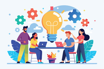 Poster - Business team engages in brainstorming session with innovative ideas represented by a lightbulb in a modern office setup