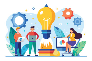 Poster - Startup team brainstorming ideas and developing concepts in a creative workspace, collaborating on innovative projects with enthusiasm