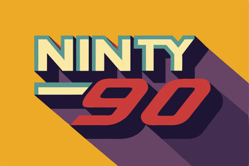Poster - Logo design featuring a long shadow effect showcasing the numbers Ninety in a modern retro style on a vibrant yellow background