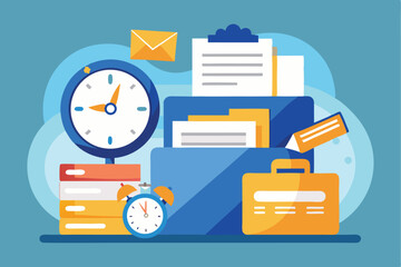 Poster - Organizing folders and managing time with a clock and stationery tools for improved productivity in the workspace
