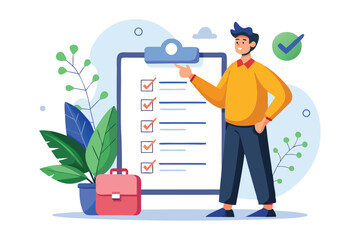 Poster - Man stands next to checklist on clipboard while showcasing completed tasks with plants in a modern workspace setting
