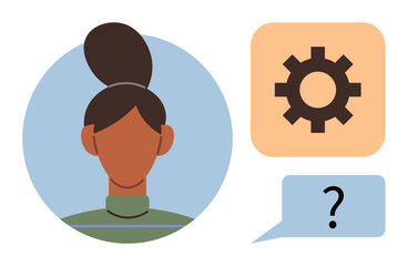 Poster - Woman with brown topknot hairstyle in profile view, adjacent to a gear icon and question mark in speech bubble. Ideal for problem-solving, communication, decision-making, technology, teamwork