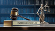 © Sikov - Immigration Law: Judge's Gavel as a symbol of legal system, Themis and wooden stand with text word on the background of books