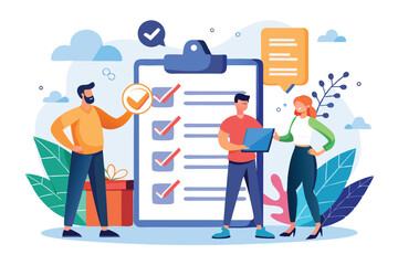 Poster - Team collaborates on verifying business rules using checklist and technology in a creative workspace setting