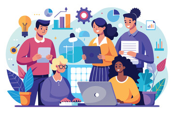 Poster - Diverse team collaborating on a project in a modern office space during the day with charts and tech tools