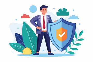 Poster - Man holds shield while guarding against potential attacks, set in a colorful and vibrant background of nature and abstract shapes