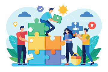 Poster - Collaboration and teamwork represented through colorful puzzle pieces in a modern digital workspace during daylight hours