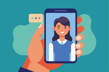 Poster - Concept of a male hand holding a smartphone displaying a cheerful woman on a video chat, highlighting modern communication trends in a digital environment