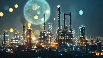Poster - Futuristic oil refinery plant glowing at night with digital particles floating in the air, creating a mesmerizing and technologically advanced industrial scene