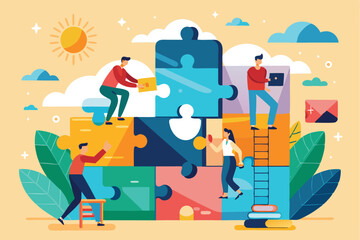 Poster - Build your way to success by assembling the colorful puzzle pieces, showcasing teamwork and creativity in a vibrant outdoor setting during the day