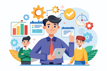Poster - Team collaboration during project management illustrated through engaging cartoon vectors featuring diverse characters and colorful charts