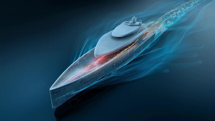 Poster - Hologram of a modern yacht is moving through digital waves, showing its aerodynamics and innovative design in a futuristic and technological concept