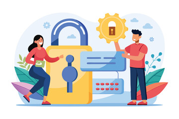 Aufkleber - Illustration depicting a man and woman discussing strong password security with digital elements in a colorful setting
