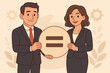 © Gerry - Gender equality in workplace, business man and woman in suits holding equality sign, equal job opportunities, corporate diversity, inclusion, teamwork, professional cartoon vector illustration