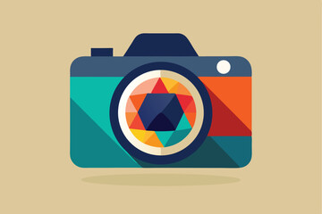 Poster - Colorful geometric camera icon with a vibrant lens design showcasing modern photography aesthetics and creativity in a flat style on a beige background