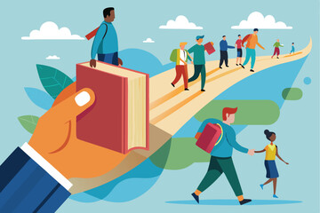 Poster - Teacher hand guiding students with books along a vibrant path of learning and knowledge uniting people and education in a creative illustration