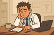 © Gerry - Stressed exhausted doctor sitting at desk in medical office, overwhelmed with paperwork and patient workload, burnout in healthcare, cartoon vector illustration, hospital stress, physician fatigue