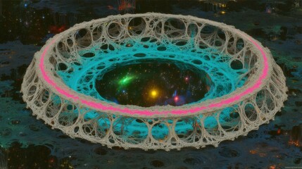 Fototapete - Abstract Cosmic Structure with Luminous Circles and Bright Stars in a Dark Universe Background Emphasizing Beauty of Space Exploration