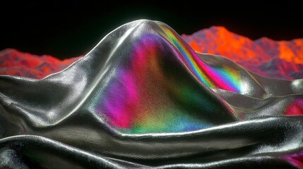 Fototapete - Shimmering Metallic Fabric Creating Abstract Mountain Landscape with Vibrant Colors and Textures Against Dark Background for Creative Design Projects