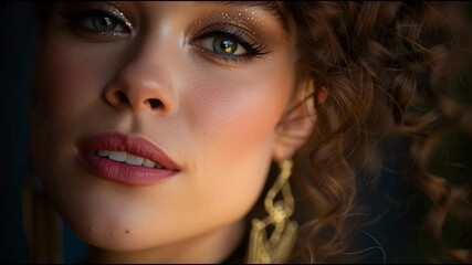 Poster - Close-up of a woman showcasing natural beauty and elegant accessories in warm lighting during a cozy evening