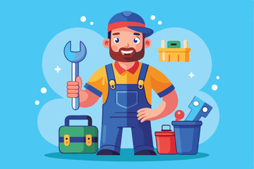 Poster - Vector illustration set showcasing professional plumber workers engaged in various plumbing tasks, highlighting tools and teamwork in a vibrant setting