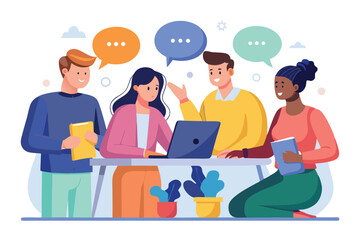 Poster - Brainstorming session involving teamwork and idea sharing among four diverse individuals at a modern workspace