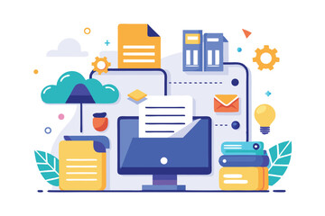 Poster - File management concepts presented through colorful design elements, illustrating data filing administration with various digital tools and documents
