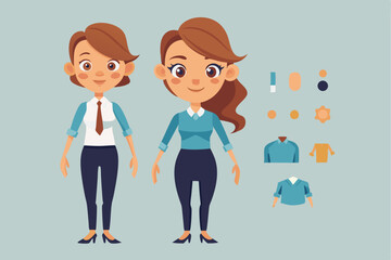 Poster - Young casual business woman character constructor with versatile outfit options for various professional contexts and activities
