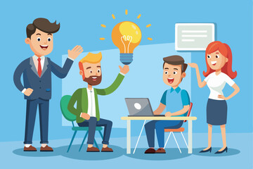 Poster - Business idea presentation concept featuring diverse professionals discussing innovative strategies in a modern office environment