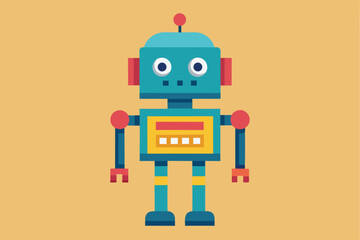 Poster - Simple robot character in flat geometric design with vibrant colors and playful features, showcasing a modern and child-friendly aesthetic
