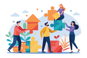 Poster - Business professionals collaborate to connect puzzle pieces symbolizing teamwork and problem-solving in a colorful office setting