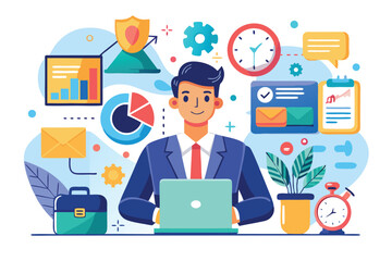 Poster - Effective time management strategies for business professionals in a digital workspace with interactive elements and productivity tools