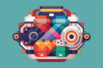 Poster - Minimalist design showcases a clean geometric representation of a car engine featuring various mechanical parts arranged symmetrically