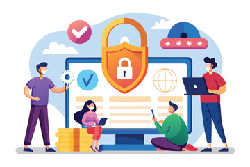 Aufkleber - Team collaborates on cybersecurity strategies while examining computer screen with padlock icon
