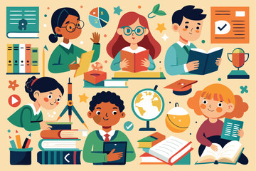 Poster - Illustration set showcasing diverse students engaged in various educational activities in a colorful classroom environment