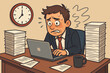 © NanieStudio - Stressed businessman feeling deadline pressure and anxiety. Overwhelmed office worker with too much paperwork. Burnout concept with cartoon man at desk, laptop and clock. Work stress.