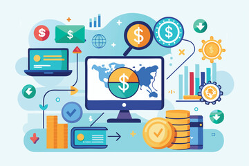 Poster - Exploring digital economy transactions with coins, currency graphs, and online financial activities in a modern financial technology landscape