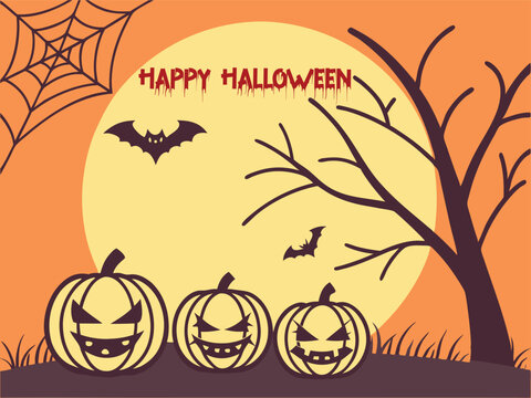 Spooky Halloween scene with creepy jack-o'-lanterns, bats, spider web, and full moon behind eerie 