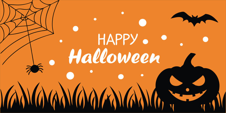 Festive Halloween banner with jack-o'-lantern, spider web, bat, and bold “Happy Halloween” on orange background.