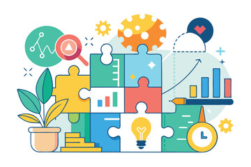 Poster - Startup business analysis using puzzles and visual elements to illustrate growth strategies and data insights in a collaborative workspace