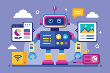 Aufkleber - AI robot generates digital content and interacts with various applications in a colorful, modern setup