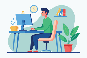 Poster - Correct posture and position for effective office work illustrated with a man sitting at a desk with a computer, clock, and plants