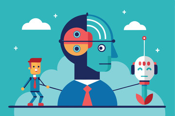 Poster - Fusion of human and robot elements showcases the synergy between technology and humanity in a bright and innovative setting designed for future exploration